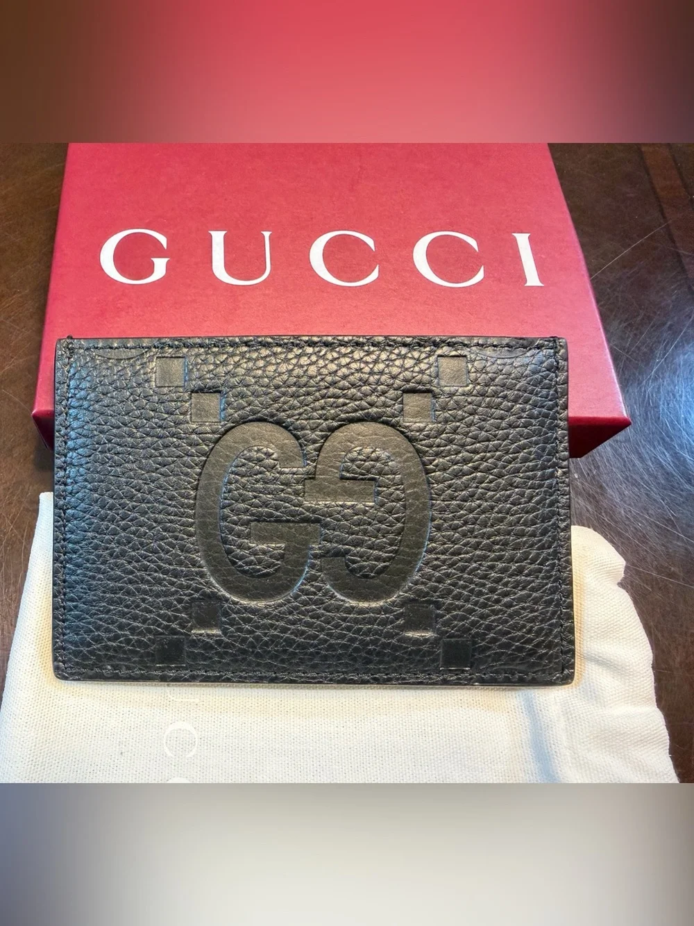 New Authentic Gucci GG Jumbo Logo Card Case Walllet Black Leather